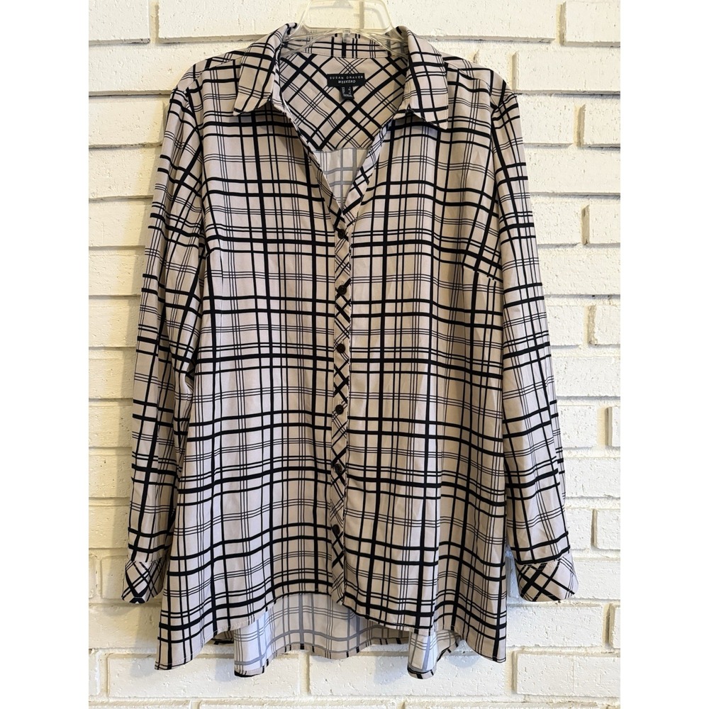 Susan Graver Regular Weekend Plaid Woven Button Up Shirt Tan & Black Size Lg